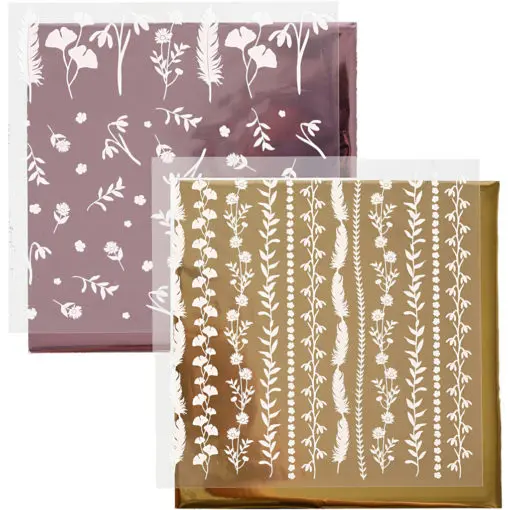 112879 Dekorationsfolie och Limark Motiv Blad 15x15 cm, Rosa, Guld2
