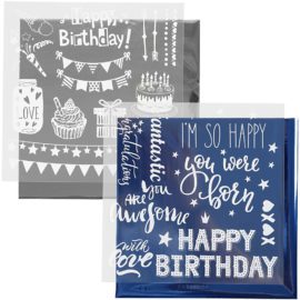 112881 Dekorationsfolie och Limark Motiv Birthday 15x15 cm, Silver, Blå