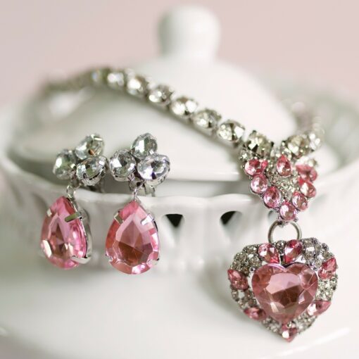 Smyckesset 4-delar Halsband & Clipsörhängen Rosa/Silver - the Marilyn